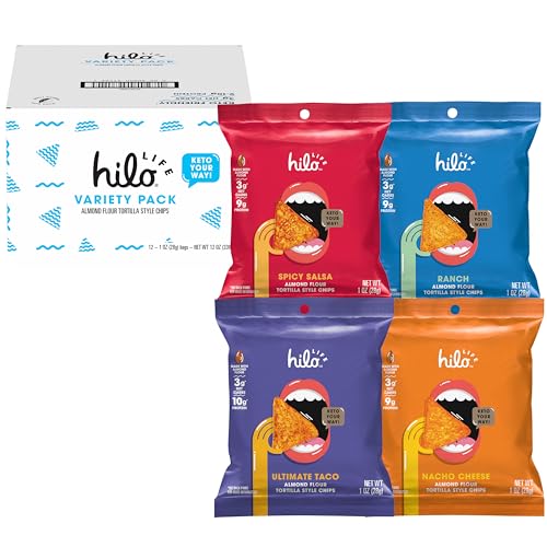 Hilo Life, Low Carb Keto Friendly Tortilla Chip Snack Bags Nacho Cheese Ranch Spicy Salsa Ultimate Taco, Variety Pack, (Pack of 12) - Nacho Cheese Ranch Spicy Salsa Ultimate Taco