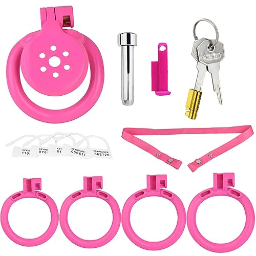 Chastity Lock with Dilator, Anti-Off Belt and 4 Cock Rings Small Resin Flat Chastity Cage Adult BDSM 
