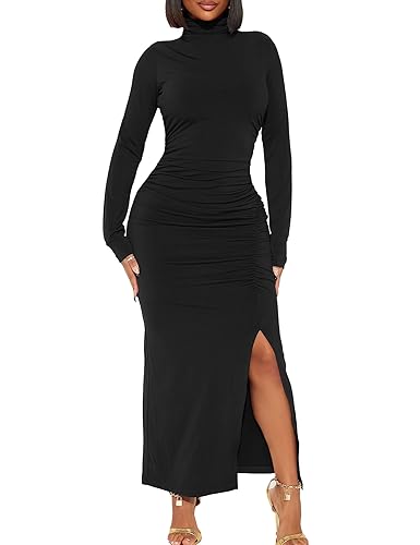 HOCILLE Women's Sexy Long Sleeve Bodycon Casual Turtleneck Party Ruched Slit Maxi Dress - X-Large - Black
