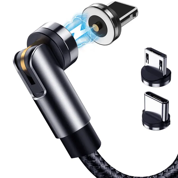 Terasako Magnetic Charging Cable 5-Pack (3/3/6/6/10FT) - 540° Rotating Magnetic Phone Charger Cable with LED Light - 90° Angle Connector, Nylon-Braided Cords (Black) - Black