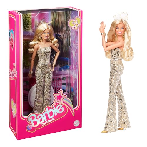 Barbie ​ The Movie Doll, Margot Robbie as , Collectible Doll Wearing Gold Disco Jumpsuit with Glossy Curls and Golden Heels, HPJ99