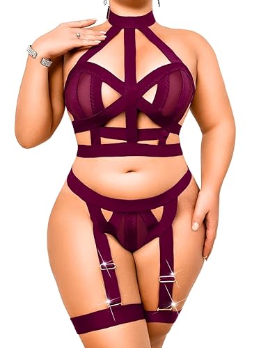 ChiaoLezhee Curvy Lady's Strappy Lingerie For Women, Plus Size Exotic Garter Thong, BBW Halter Gifts For Him 3 Piece Set - Fuchsia - XX-Large