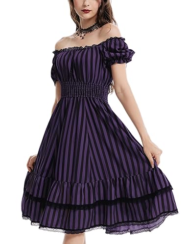 Scarlet Darkness Gothic Victorian Dresses Renaissance Costume Women Midi Dress - Small - Purple Black Stripe