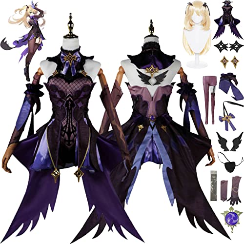 Tjmiaohao Genshin Impact Fischl Cosplay Kostüm Outfit Spiel Charakter Uniform Perücke Kopfschmuck Augenmaske Full Set Halloween Karneval Party Dress Up Anzug für Frauen Mädchen - M
