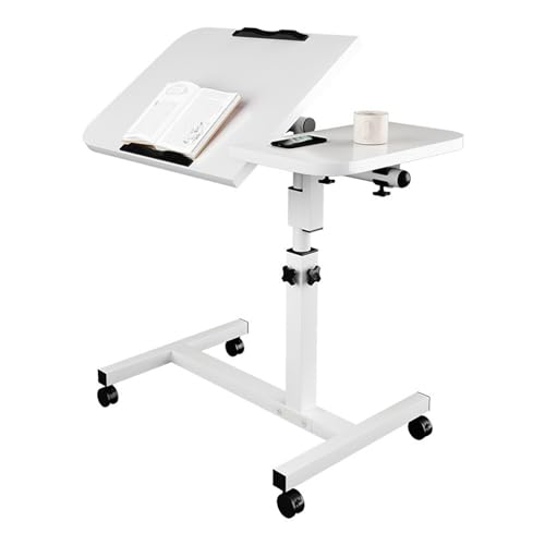 Overbed Bedside Table with Wheels, Height Adjustable Mobile Standing Desk, Portable Rolling Computer Cart Laptop Desks with 2 Tilting Desktops for Office, Home and Hospital (White) - White
