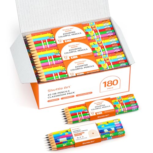 Shuttle Art Assorted Colorful Pencils, 180 Pack Kids Pencils Bulk with 12 Designs, 2 HB, Pre-sharpened Awards and Incentive Pencils for Kids School Home Party Christmas Halloween Valentines Day