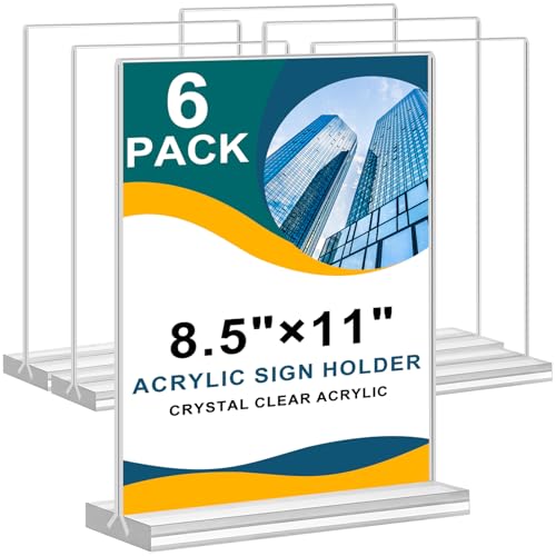 Arrobust 8.5 x 11 Acrylic Sign Holder Clear Display Table Signs Stand, Double Sided T Shape Flyer Holder Plastic for Picture Paper Frame Holder Home Office Menu Retail Show Fair, 6 Pack - Vertical 8.5x11 Inch 6 Pack Vertical