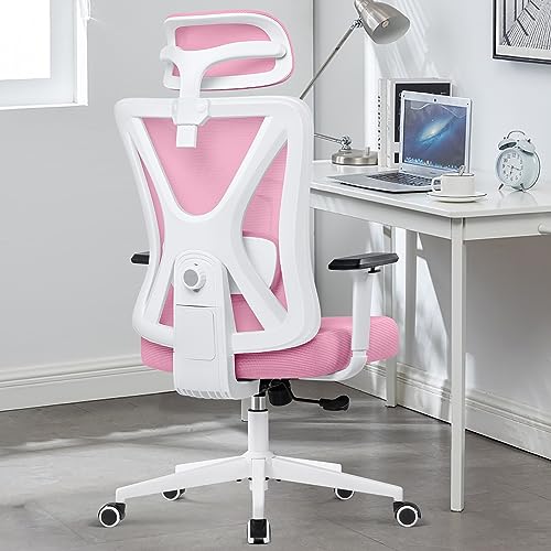 KERDOM Office Desk Chair, Ergonomic Swivel Chair with Adjustable Headrest and Lumbar Support,High Back Mesh Computer Chair with 130° rocking Lock for Home Office Pink - Pink