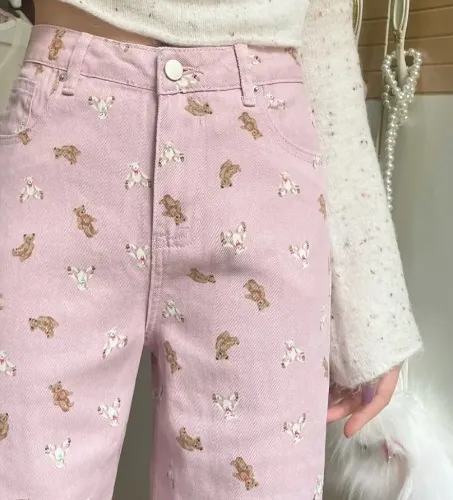 Lovely Pink Bear Print Straight Jeans