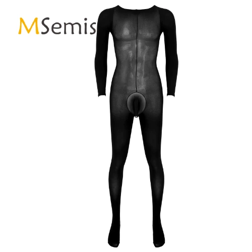 Mens Lingerie Bodysuit Bulge Pouch Stretchy Bodystocking See Through Round Neck Long Sleeve Full Bodysuit Underwear Nightwear