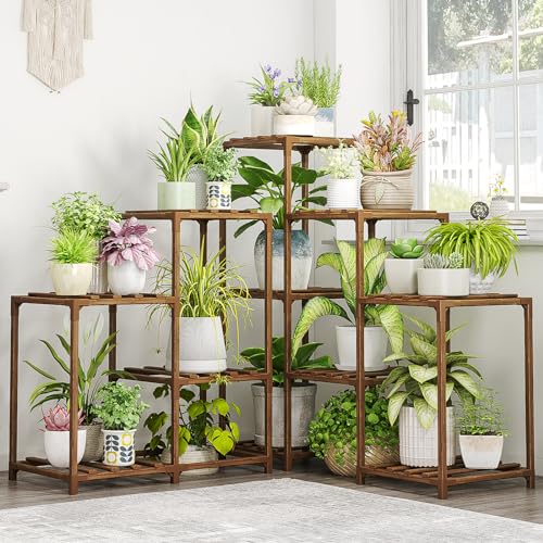 Bamworld Plant Stand Indoor Outdoor Corner Shelf 11 Potted Large Holder for Multiple Plants Wooden Tall Stands Combo Table Rack Garden Patio Lawn Window - C-Corner-02