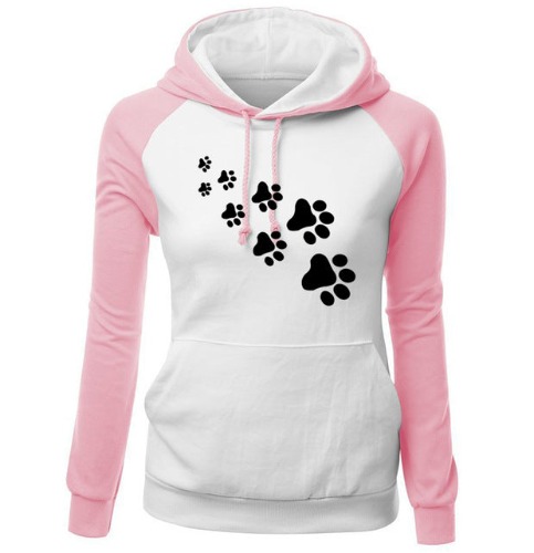 Paw Print Puppy Hoodie - pink white / M