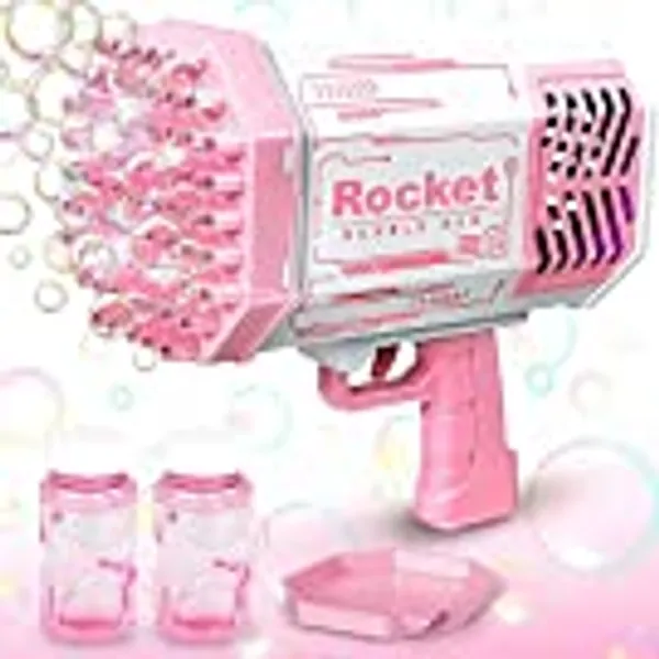 Bubble 𝐆𝐮𝐧 Bubble Machine with 69 Holes and Colorful Lights, Super Big Electric Automatic Bubble Maker Machine for Kids Adults Summer Outdoor Party Activity (Pink)