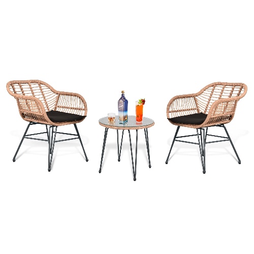 Leasbar 3 Piece Patio Bistro Set, Outdoor Wicker Conversation Chair Sets Balcony Furniture, Coffee Table with Glass Top, Cushions for Garden, Porch, Backyard, Deck, Poolside - 