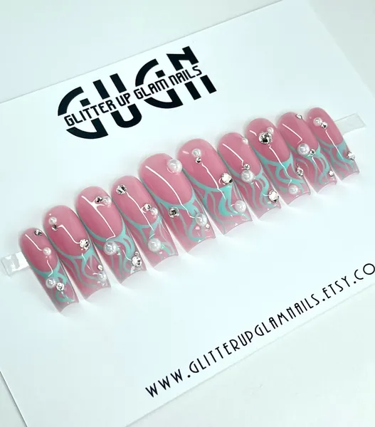 Pink Base w/Teal Outline Swirls Crystals & Pearls