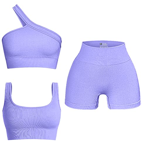 OQQ Women's 3 Piece Outfits Ribbed Seamless Exercise Scoop Neck Sports Bra One Shoulder Tops High Waist Shorts Active Set - Purple - Medium