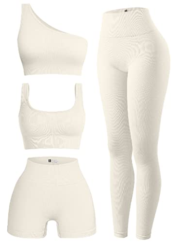 OQQ Women's 4 Piece Outfits Ribbed Exercise Scoop Neck Sports Bra One Shoulder Tops High Waist Shorts Leggings Active Set - Beige - Medium