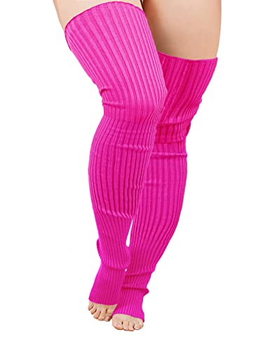 v28 Plus Size Knit Leg Warmer Women Thick Thigh High Boot Extra Long Large Socks - Plus Size- Hotpink