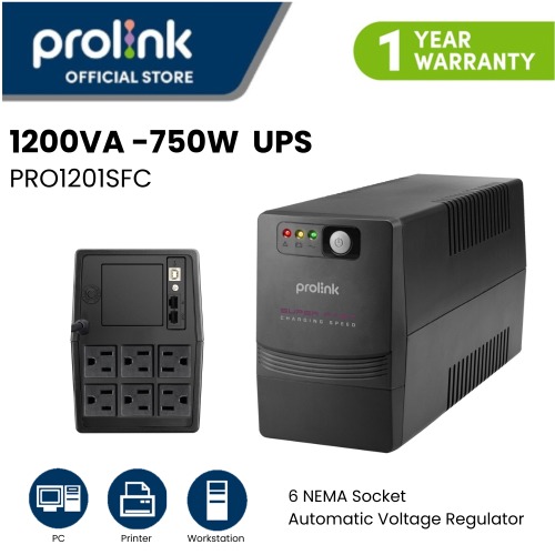 Prolink PRO1201SFC 1200VA 720Watts 6-Nema Output Socket Super Fast Charging UPS Power Supply With Suge Protector and  Build In AVR, Generator Compatible FOR  Desktop, PC, Laptop, Router 1 YEAR WARRANTY