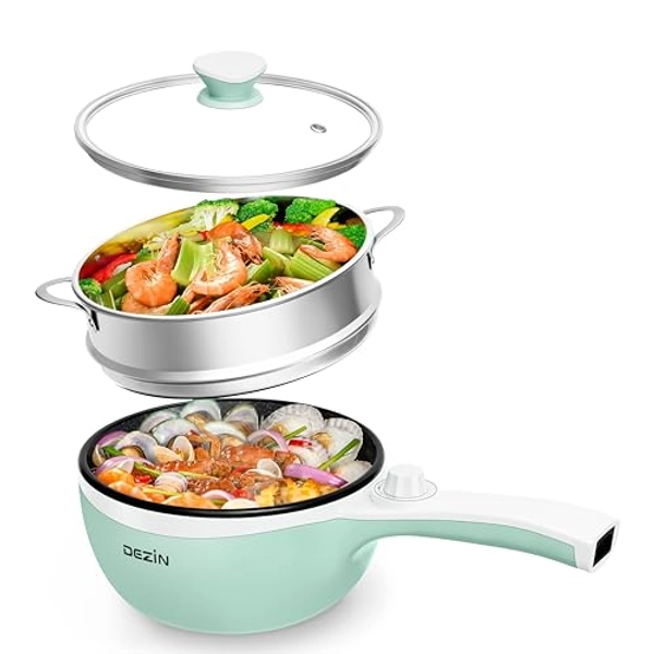 Dezin Hot Pot Electric with Steamer Upgraded, Non-Stick Sauté Pan, Rapid Noodles Electric Pot, 1.5L Mini Pot for Steak, Egg, Fried Rice, Ramen, Oatmeal, Soup with Power Adjustment (Egg Rack Included)