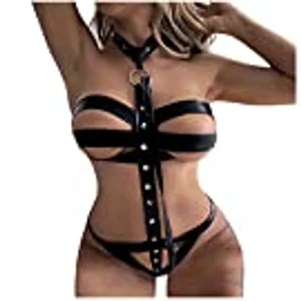 Meigeanfang Women Lace Perspective Lingerie Strappy Negligees Corset Temptation Onesie Bodysuit, Black4, One Size