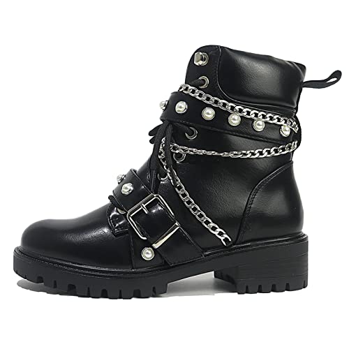MeiLuSi Lace up Military Combat Boots for Women Fashion Chain Studded Pearl Motorcycle Ankle Booties with Side Zipper - 7 - 1 Black