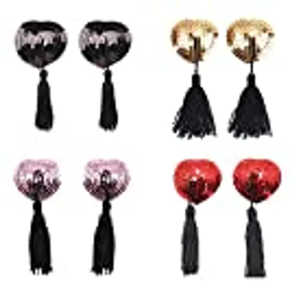 4 Pair Nipple Cover, Female Nipple Pasties, Reusable Pasties Nipple Covers, Silicone Shiny Sequin Heart-Shaped Sexy Bra with Tassel for Women Black Pink Red Gold