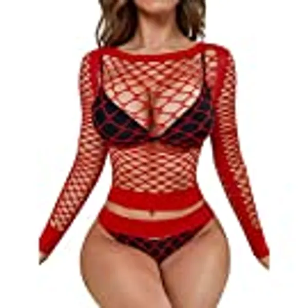 RSLOVE Women Sexy Mesh Lingerie Fishnet Babydoll Free Size Bodysuit See Through Shirts Long Sleeve
