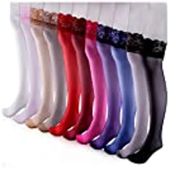 Duufin 11 Pairs Thigh High Stockings Lace Thigh High Socks Top Lace Stockings Sheer Thigh High Stockings for Women