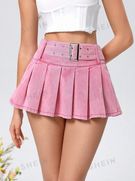 SHEIN MOD Buckle Belt Pleated Denim Mini Skirt