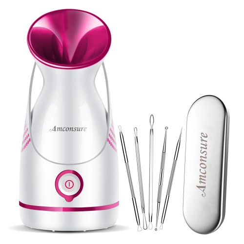 Amconsure Facial Steamer - Nano Ionic Facial Steamer Warm Mist Moisturizing Face Steamer Home Sauna SPA，Pores Cleanse Clear Blackheads Acne Impurities Skin Cares - 5 Piece Stainless Steel Skin Kit - Rose Red