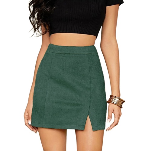 VNDFLAG Women's High Waist Faux Suede Side Split Bodycon Short Mini Skirt - Small Green