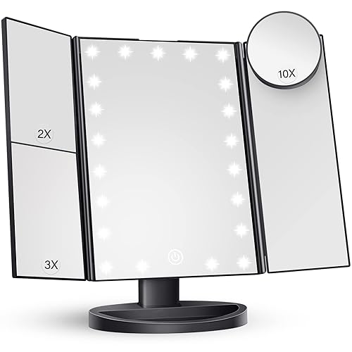 HUONUL Makeup Mirror Vanity with Lights, 2X 3X 10X Magnification, Lighted Mirror, Touch Control, Trifold Dual Power Supply, Portable LED Women Gift (Black) - Black
