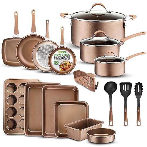 NutriChef 20-Piece Nonstick Kitchen Cookware Set - PFOA/PFOS-Free Heat Resistant Lacquer Kitchen Ware Pots Baking Pan Set w/ Saucepan, Frying Pans, Cooking Pots, Oven Pot, Lids, Utensil - NCCW20S - Shiny Golden