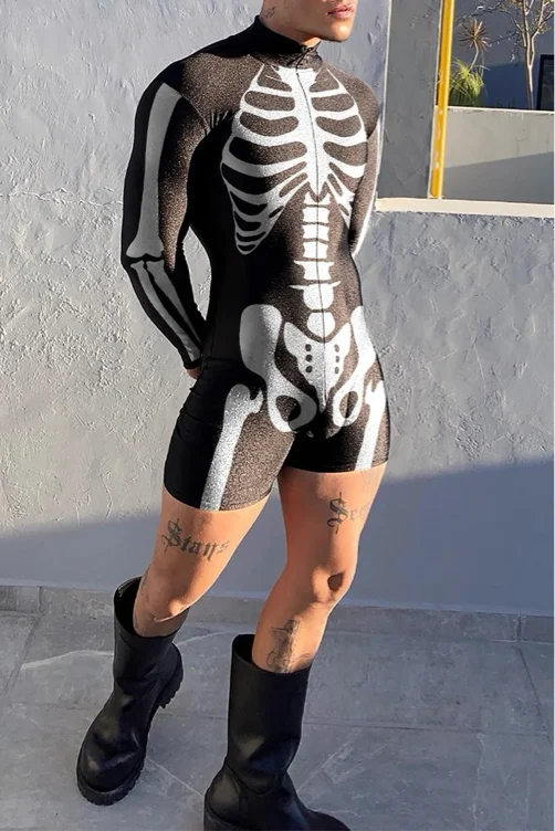 Ciciful Halloween Skeleton Print Costume Black Bodycon Romper