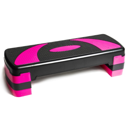 PRISP Adjustable Aerobic Stepper 78cm, 3 Levels (10/15/20cm - 4''/6''/8'') Exercise Step Platform for Home Gym and Fitness Training, 78 x 28 cm - 31'' x 11'' - Pink & Black