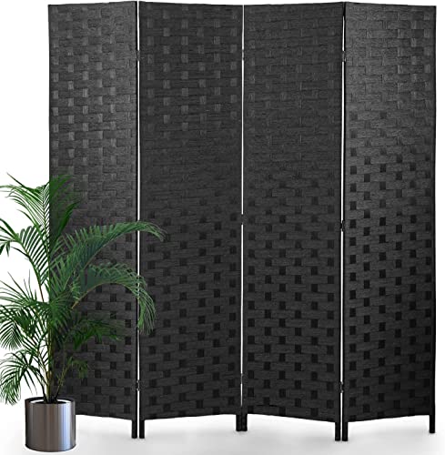 Room Divider,4 Panels 6FT Folding Privacy Screen Room Divider Wall Wood Mesh Hand-Woven Design Freestanding Partition Portable Wall for Home Office Bedroom(Black) - Black