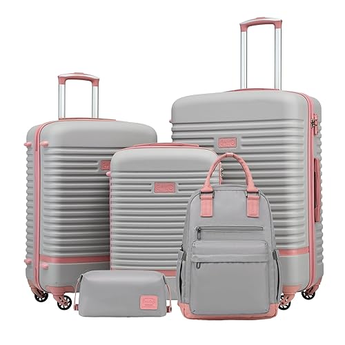 COOLIFE Suitcase Trolley Carry On Hand Cabin Luggage Hard Shell Travel Bag Lightweight with TSA Lock,The Suitcase Included 1pcs Travel Backpack and 1pcs Toiletry Bag (Pink/Grey, 5 Piece Set) - 5 Piece Set - Pink/Grey
