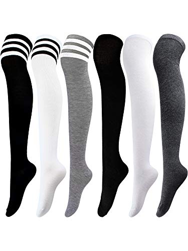 Aneco 6 Pairs Over Knee Thigh Socks Knee-High Warm Stocking Women Boot Sock Leg Warmer High Socks for Daily Wear, Cosplay - Lightgray Mixed Stripe Colors,darkgray Purecolors