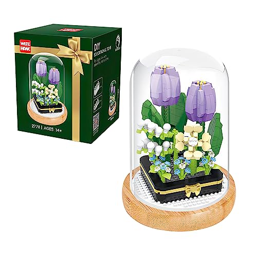 LUFEIS Blumen Bausteine Set, Rose Unsterblicher Blumenstrauß Baustein mit Schutzhülle, Kunstpflanzen Bausteine ​​​​für Erwachsene,Geschenk für Mama Freundin,Nicht Kompatibel mit Andere Marken(Violett) - Violette Tulpe