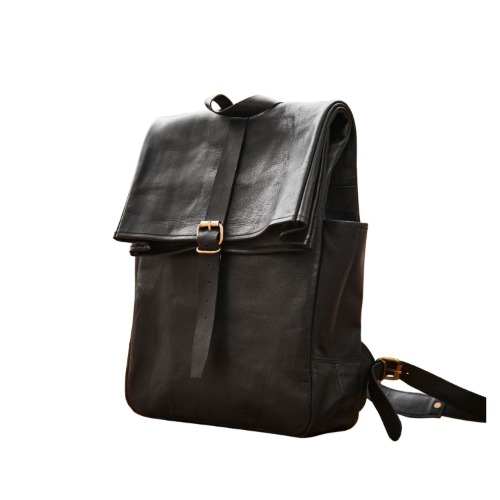 Black Leather Roll Top Backpack by VIDA VIDA