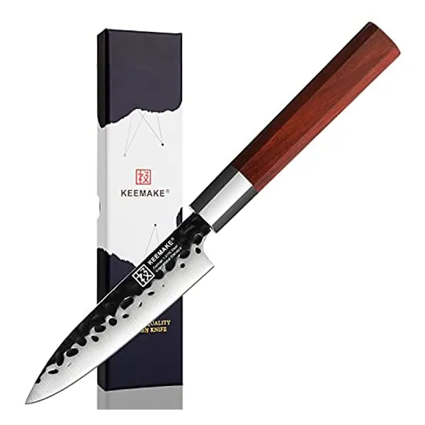 
                            4.5 Inch Utility Knife-Premium High-Carbon Steel-Forged Hammered Blade-Black Smith Finish/Kurouchi-W/Octagon Ergonomic Ebony Handle-KEEMAKE Kiku Series
                        