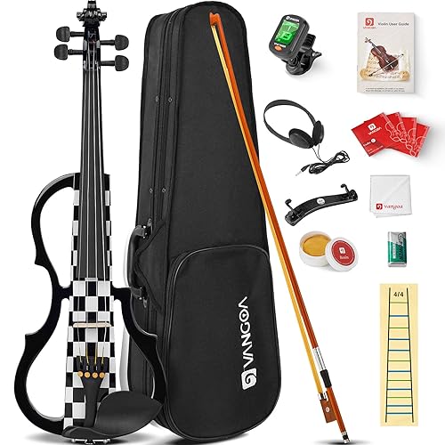 Vangoa LEFT HANDED Electric Violin 4/4 Full Size Silent Violin Set for Beginner Adults Teens, Solid Maple Wood Metallic Electronic Quite Violin with Ebony Fittings, Black Vichy - 4/4 Left-hand - Black Vichy