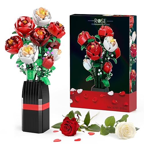 EDUCIRO Flowers Bouquet Building Decoration Set (818 PCS), Christmas, Mother's Day, or Valentine's Gifts Ideal for Women Girls Boys, Roses Toy Building Set with Vase
