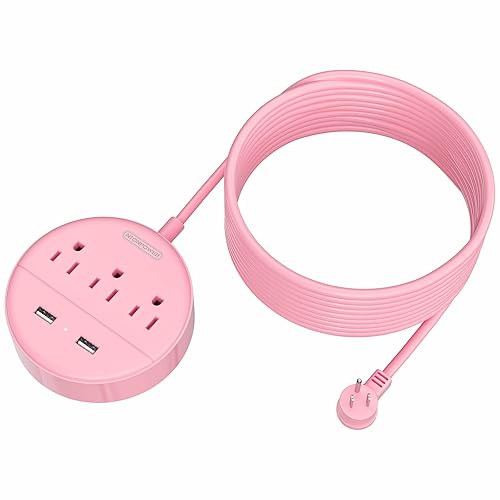 Pink Extension Cord 15ft, NTONPOWER Flat Plug Power Strip with Long Extension Cord, 3 Outlet 2 USB Desktop Charging Station Wall Mount for Home, Dorm Room, Office and Nightstand, ETL Listed - 15FT