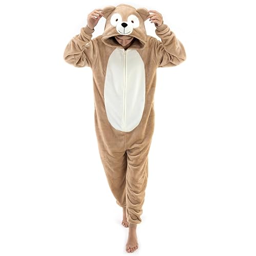 COSUSKET Snug Fit Unisex Adult Onesie Pajamas, Flannel Cosplay Animal One Piece Halloween Costume Sleepwear Homewear - Duffy Bear - Large