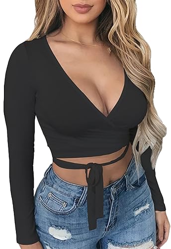Artfish Women Sexy Deep V Neck Crop Top Bandage Wrap Tie Tight Cropped Fitted Cleavage Shirts - 01#black Large