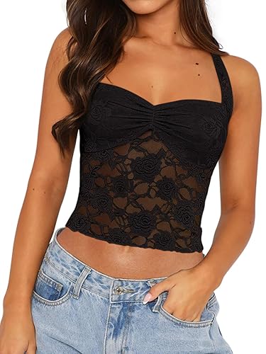 REORIA Lace Tops for Women Halter Sexy Going Out Tank Crop Y2K Fashion Top 2025 Trendy - Large - Black