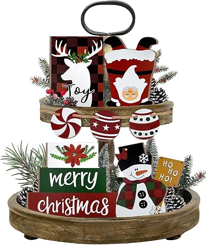 Christmas Tiered Tray Decorations Set, 7PCs Christmas Farmhouse Wooden Signs Tiered Tray Decorations Set Red Buffalo Plaid Elk Santa Claus Candy for Xmas Home Kitchen Farmhouse Table Shelf Decor