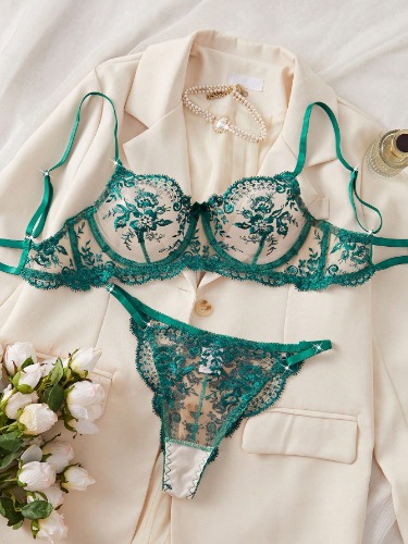 Sexy Women Lingerie Set With Floral Embroidery On Mesh, Intimate Apparel For Valentine's Day, Christmas, Honeymoon